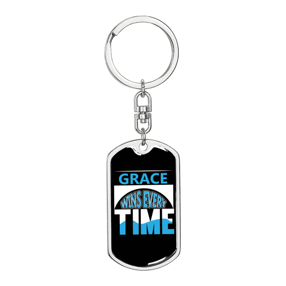 Grace Wins Every Time Stainless Steel or 18k Gold Premium Swivel Dog Tag Keychain