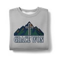 thumbnail image 1 of Grace Won Embroidered Sweatshirt, Christian Cross Mountain Sweater, Religious Faith Apparel, Worship Crewneck Gift, 1 of 4