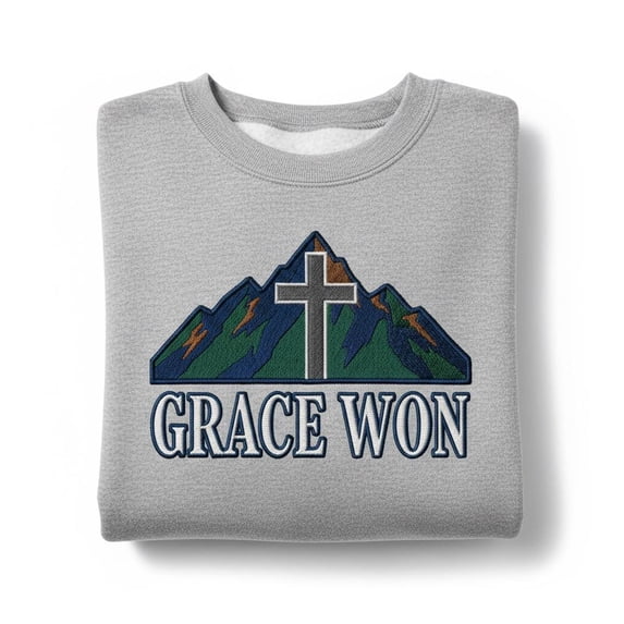 Grace Won Embroidered Sweatshirt, Christian Cross Mountain Sweater, Religious Faith Apparel, Worship Crewneck Gift