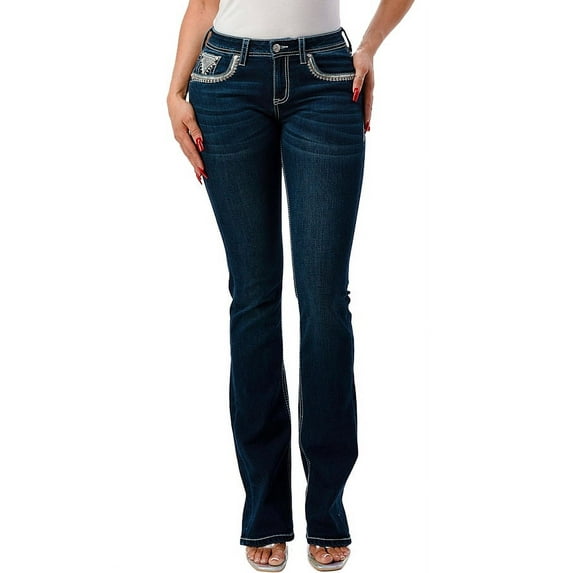 Grace in LA Aztec Embellished Mid Rise Bootcut Jeans, Size 34