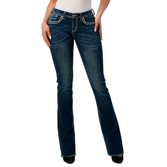 Grace in LA Floral Steer Head Embellished Mid Rise Bootcut Jeans, Size 28
