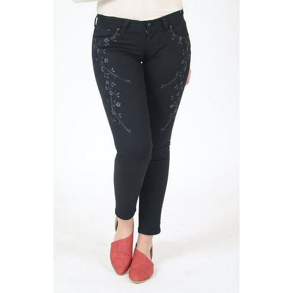 Grace in LA Jeans Women's Black Embroidered Junior Fit Skinny Stretch Jeans (25)