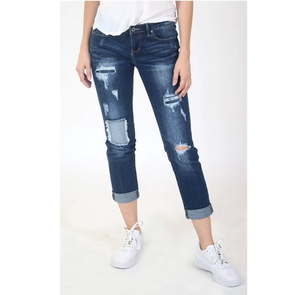 Grace in LA Jeans Women's Dark Wash Distressed Boyfriend Fit Stretch Jeans (28)