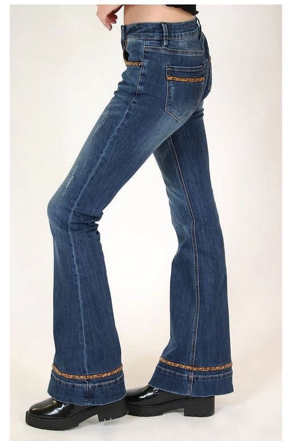 Jeans Women's Dark Wash Leopard Print Detailed Flare Stretch Jeans in 32" Inseam (30)