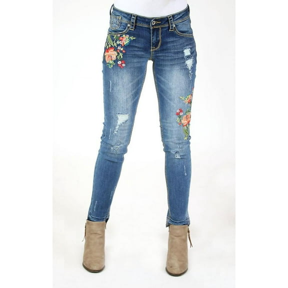 Grace in LA Jeans Women's Distressed Floral-Detail Embroidered Junior Fit Skinny Stretch Jeans (24)
