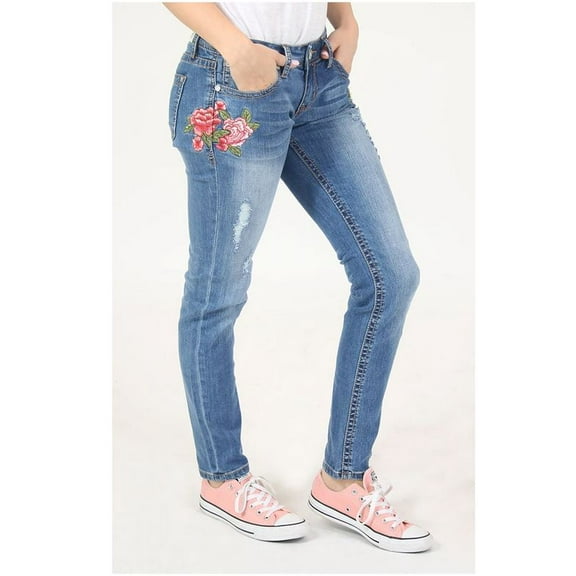Grace in LA Jeans Women's Distressed Floral Embroidered Junior Fit Skinny Stretch Jeans (24)