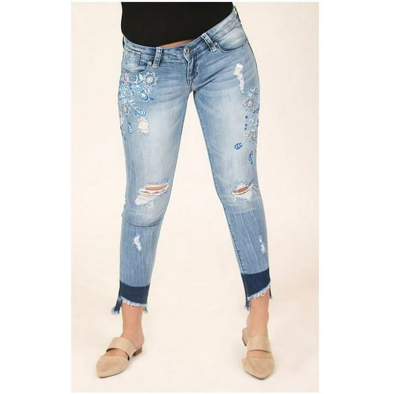 Grace in LA Jeans Women's Distressed Floral Embroidered Junior Fit Skinny Stretch Jeans (25)