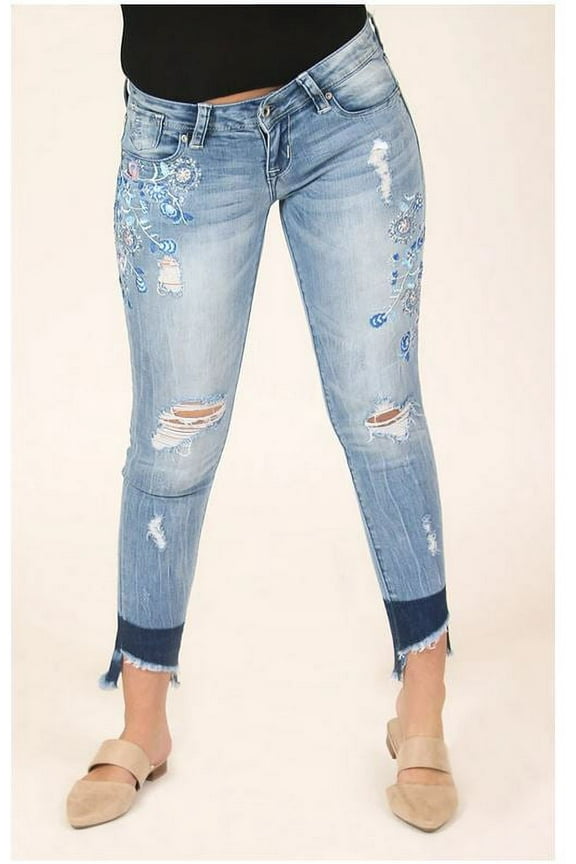 Jeans Women's Distressed Floral Embroidered Junior Fit Skinny Stretch Jeans (28)