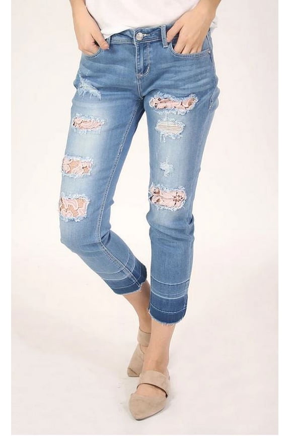 Jeans Women's Distressed Floral Lace Boyfriend Stretch Jeans (27)