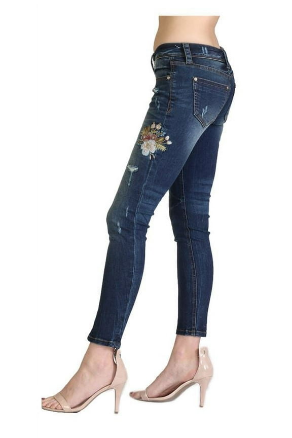 Jeans Women's Floral Embroidered Junior Fit Skinny Stretch Jeans (29)