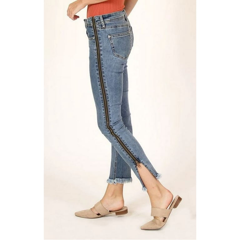 Grace in LA Jeans Women's Frayed Hem Side Zipper Stripe Junior Fit Skinny  Stretch Jeans (25)