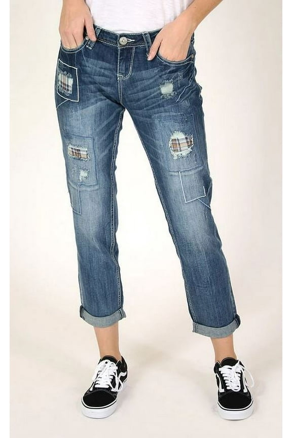 Jeans Women's Medium Wash Distressed Boyfriend Junior Fit Stretch Jeans (27)