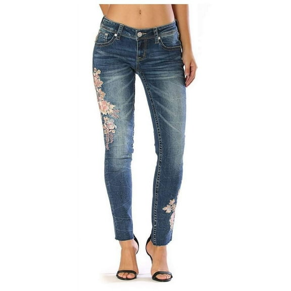 Grace in LA Jeans Women's Pink Floral Embroidered Junior Fit Skinny Stretch Jeans (24)