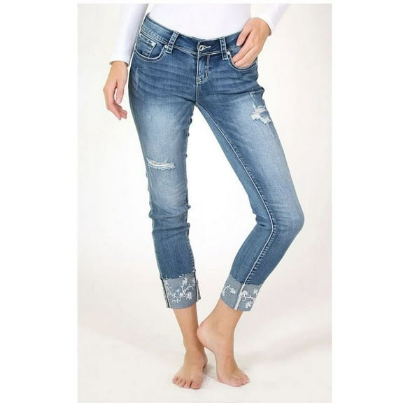 Grace in LA Jeans Women's White Floral Cuffed Junior Fit Skinny Stretch Jeans (24)