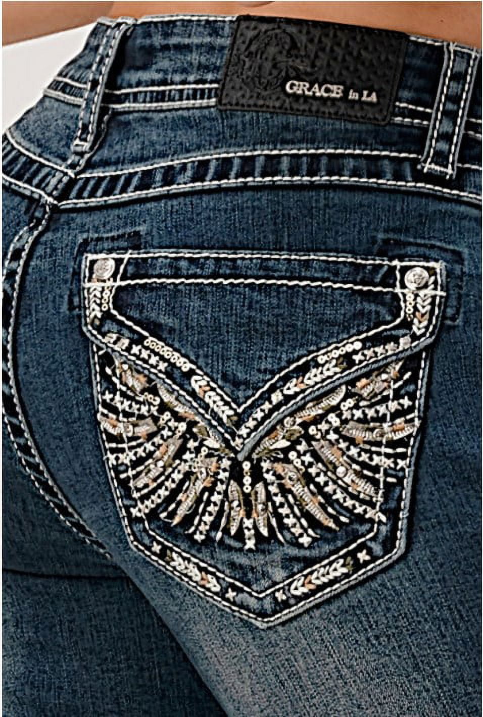 Grace in LA Women s High Rise Easy Fit Bootcut Stretch Jeans with Angel Wings Embellished Flap Pockets 27 Walmart
