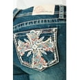 thumbnail image 1 of Grace in LA Women's Aztec Cross Feather Embroidered Pockets Bootcut Jeans (25, Blue), 1 of 3