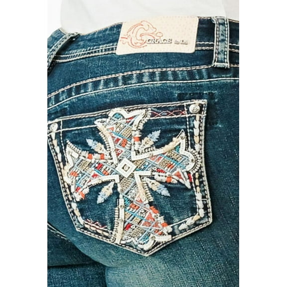 Grace in LA Women's Aztec Cross Feather Embroidered Pockets Bootcut Jeans (28, Blue)