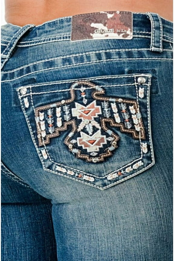 Women's Aztec Eagle Embroidered Stonewashed Bootcut Stretch Jeans (29, Blue Stonewashed)