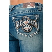 Grace in LA Women's Aztec Eagle Embroidered Stonewashed Bootcut Stretch Jeans (32, Blue Stonewashed)