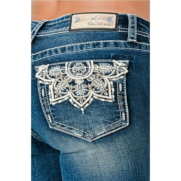 Grace in LA Women's Aztec Embellish Embroidered Skinny Fit Stretch Jeans (33, Blue Stonewashed)