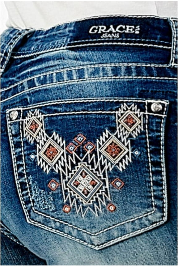 Women's Aztec Embroidered Disressed Baby Flare Bootcut Stretch Jeans (29)