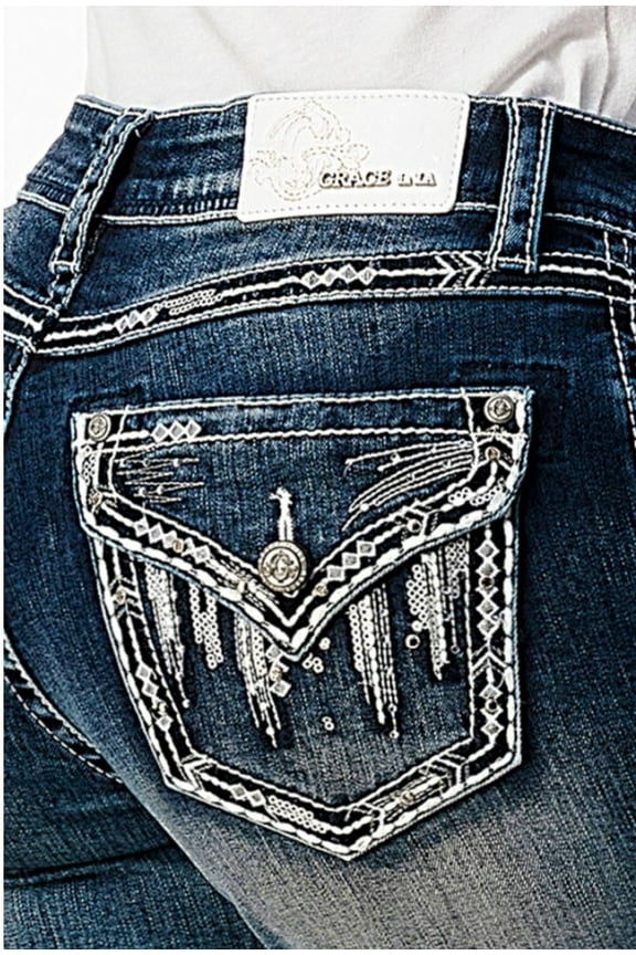 Women's Aztec Embroidered Faux Flap Pockets Bootcut Stretch Jeans (29, Blue)