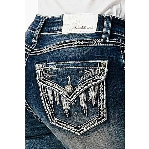 Grace in LA Women's Aztec Embroidered Faux Flap Pockets Bootcut Stretch Jeans (30, Blue)