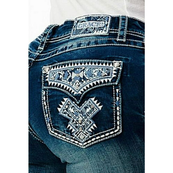 Grace in LA Women's Aztec Embroidered Faux Flap Pockets Bootcut Stretch Jeans (30)
