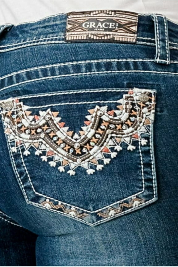 Women's Aztec Embroidered Pockets Distressed Stretch Bootcut Jeans (34, Blue Stonewashed)