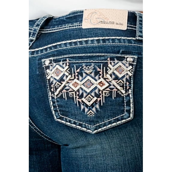 Grace in LA Women's Aztec Embroidered Pockets Skinny Fit Stretch Jeans (25, Blue)