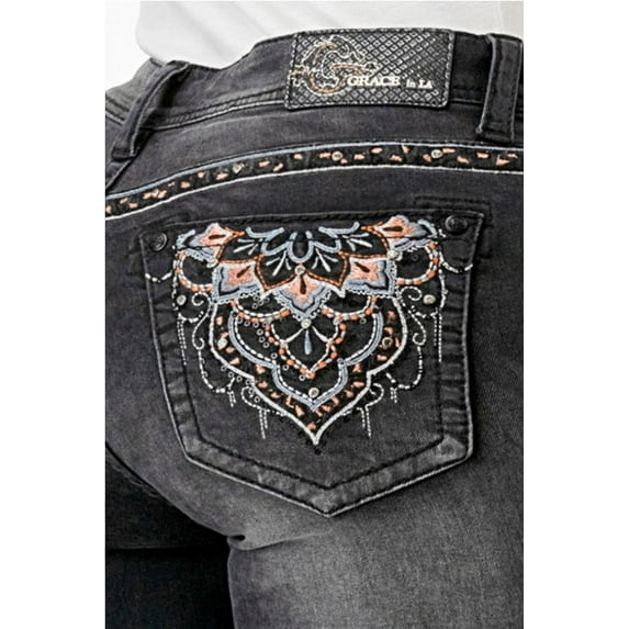 Grace in LA Women's Aztec Embroidered Pockets Stretch Bootcut Jeans (29, Black Washed)