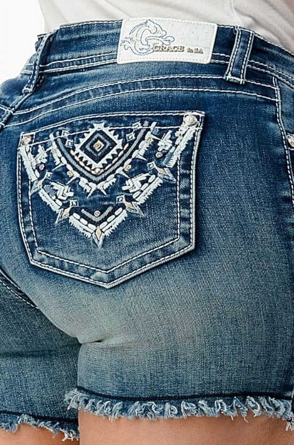 Grace in LA Women s Aztec Embroidered Raw Hem Stretch Denim Jean Shorts 30 Blue