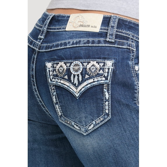 Grace in LA Women's Aztec Faux Flap Pocket Embellished Bootcut Stretch Jeans (25, Blue Stonewashed)