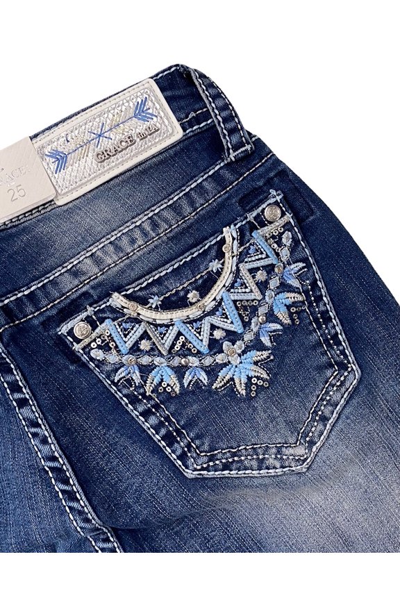 Women's Aztec Feather Crystal Embellished Bootcut Stretch Jeans (29)