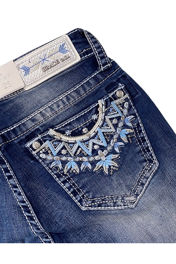 Women's Aztec Feather Crystal Embellished Bootcut Stretch Jeans (32)