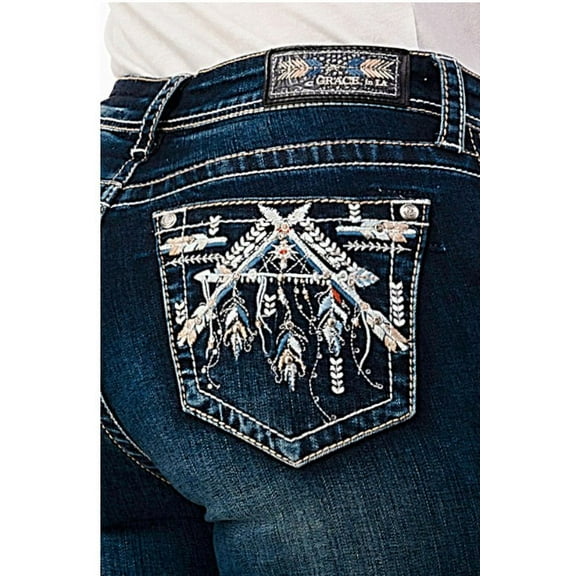 Grace in LA Women's Aztec Feather Embroidered Distressed Stretch Bootcut Jeans (27, Blue)
