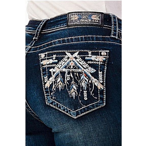 Grace in LA Women's Aztec Feather Embroidered Distressed Stretch Bootcut Jeans (29, Blue)