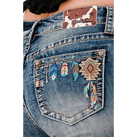 Grace in LA Women's Aztec Feather Embroidery Embellished Bootcut Stretch Jeans (25, Blue Stonewashed)