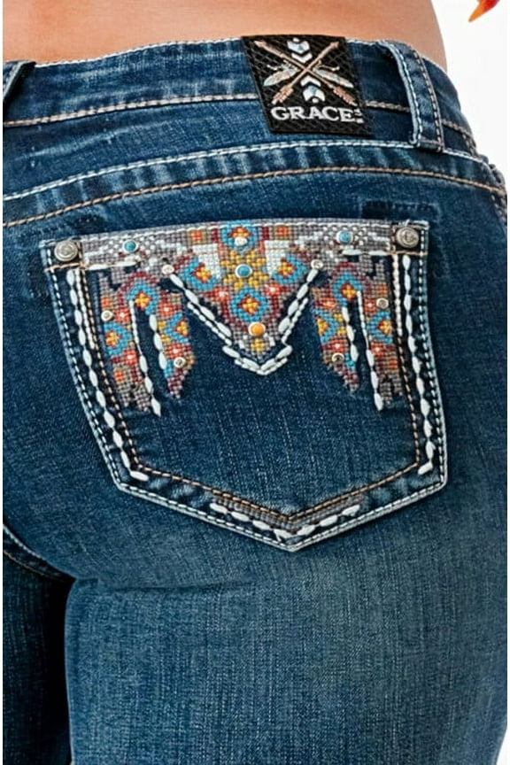 Women's Aztec Multi Color Embroidered Pockets Bootcut Stretch Jeans (32, Blue Stonewashed)