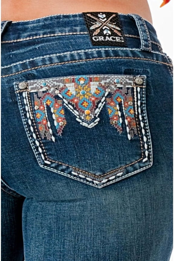 Women's Aztec Multi Color Embroidered Pockets Bootcut Stretch Jeans (33, Blue Stonewashed)