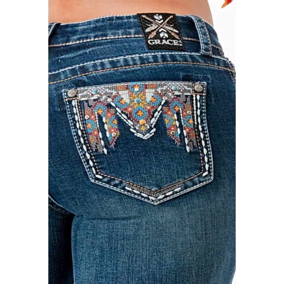 Grace in LA Women's Aztec Multi Color Embroidered Pockets Bootcut Stretch Jeans (34, Blue Stonewashed)