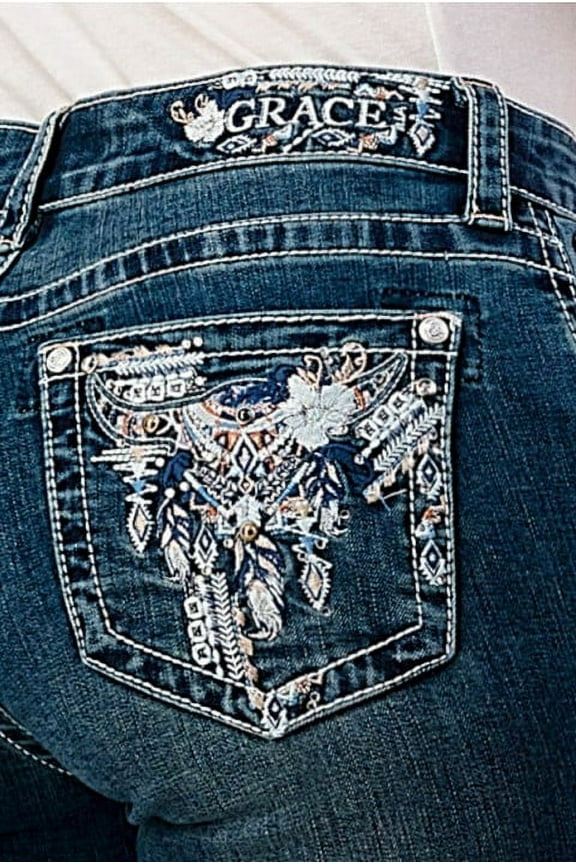 Women's Aztec Steer Cow Head Embroidered Bootcut Stretch Jeans (30)