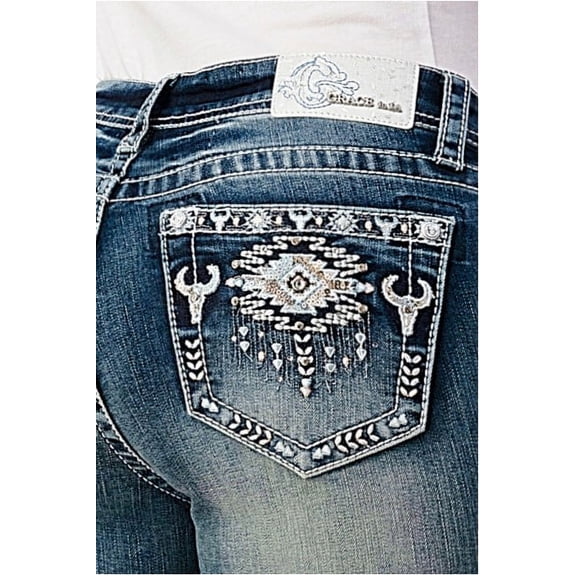Grace in LA Women's Aztec Steer Head Rhinestone Embroidered Bootcut Stretch Jeans (30)