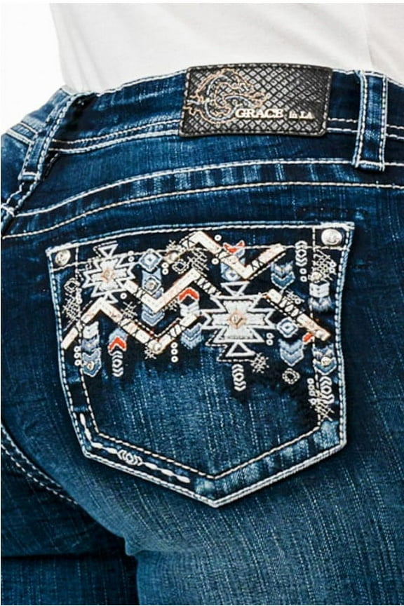 Women's Aztec Western Embroidered Bootcut Stretch Jeans (28, Blue)