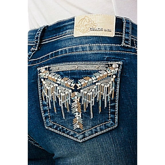 Grace in LA Women's Aztec Western Embroidered Distressed Bootcut Stretch Jeans (26, Blue)