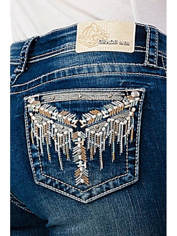 Women's Aztec Western Embroidered Distressed Bootcut Stretch Jeans (27, Blue)