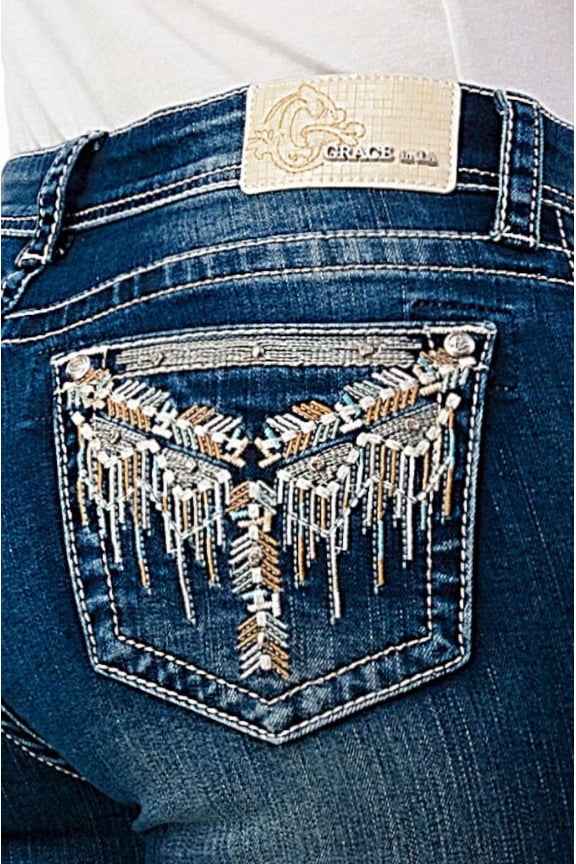 Women's Aztec Western Embroidered Distressed Bootcut Stretch Jeans (29, Blue)