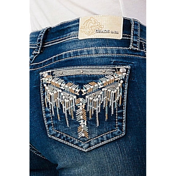 Grace in LA Women's Aztec Western Embroidered Distressed Bootcut Stretch Jeans (34, Blue)