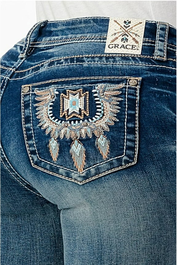Women's Aztec Western Embroidered Feather Bootcut Stretch Jeans (34, Blue)