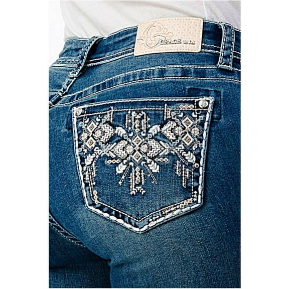 Grace in LA Women's Aztec Western Embroidered Stonewashed Bootcut Stretch Jeans (25, Blue Stonwashed)